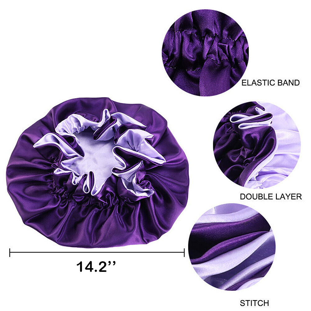 US Double-sided Satin Night Sleep Cap Hair Bonnet Hat Head Cover w/ Elastic Band