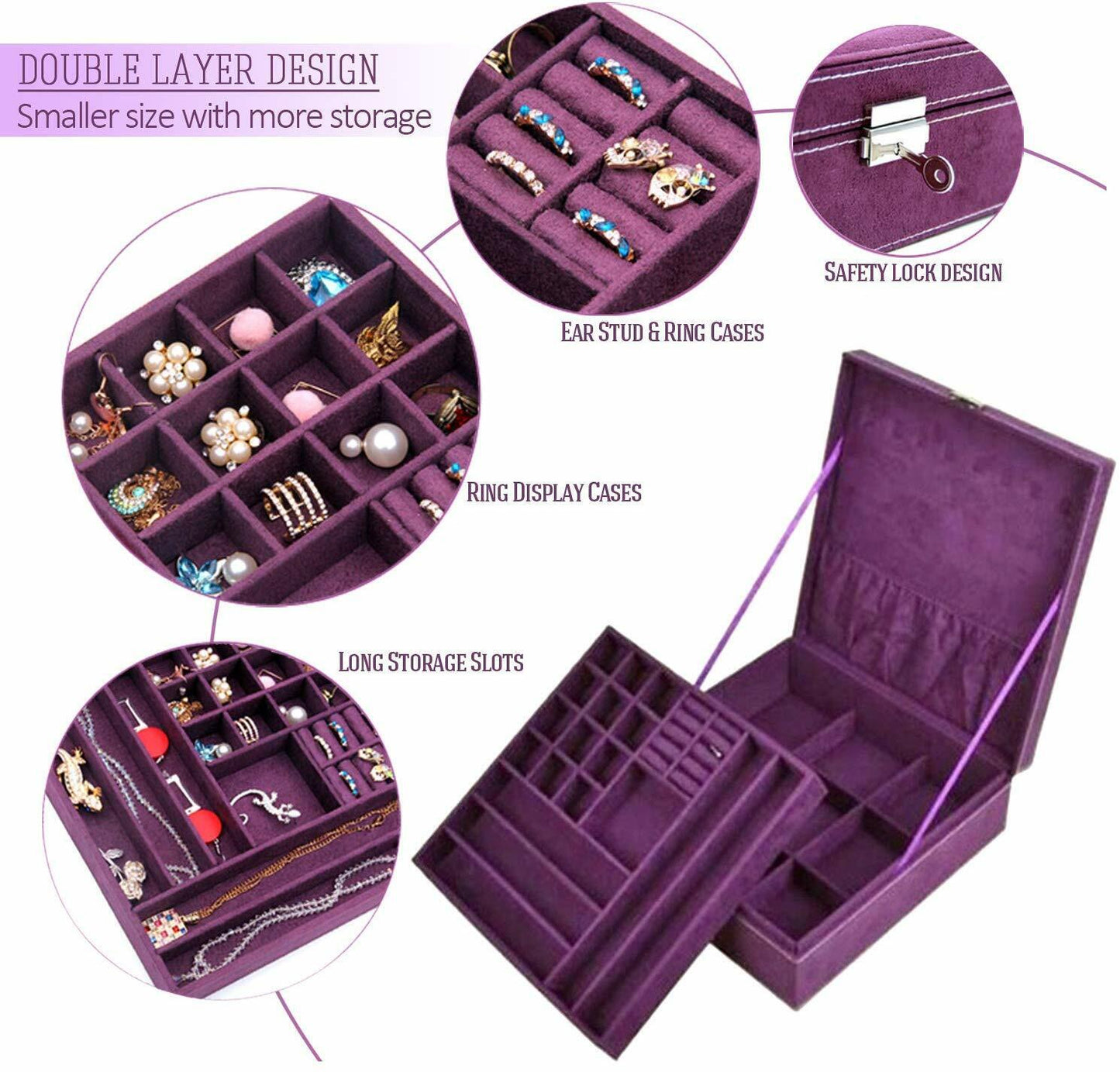 US Two-Layer Lint Large Jewelry Box Organizer Display Storage case with Lock