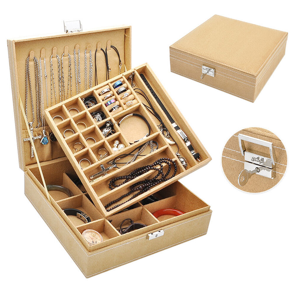 US Two-Layer Lint Large Jewelry Box Organizer Display Storage case with Lock