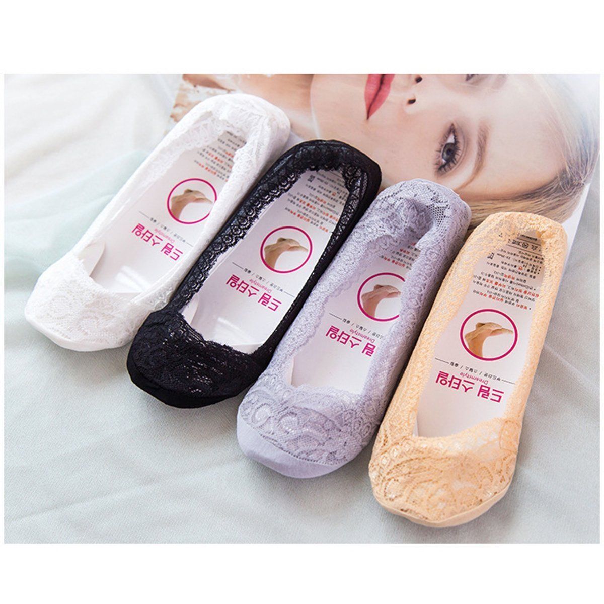 5 Pack Low Cut Lace Liner Boat Socks Ballet Plain Footies w/ Anti-slippery pads