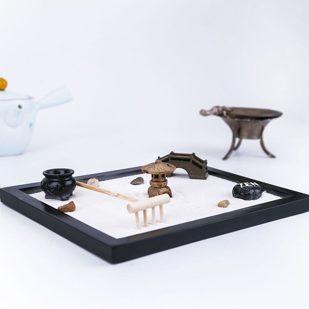 US Tabletop Mini Meditation Zen Garden w/ Pavilion statue Rock Venues Rake Sand
