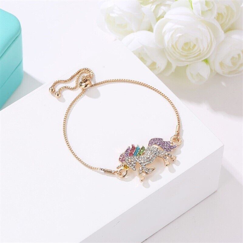 US Unicorn Jewelry Rainbow Rhinestone Crystal Necklace/ Bracelet/ Earring/ Ring