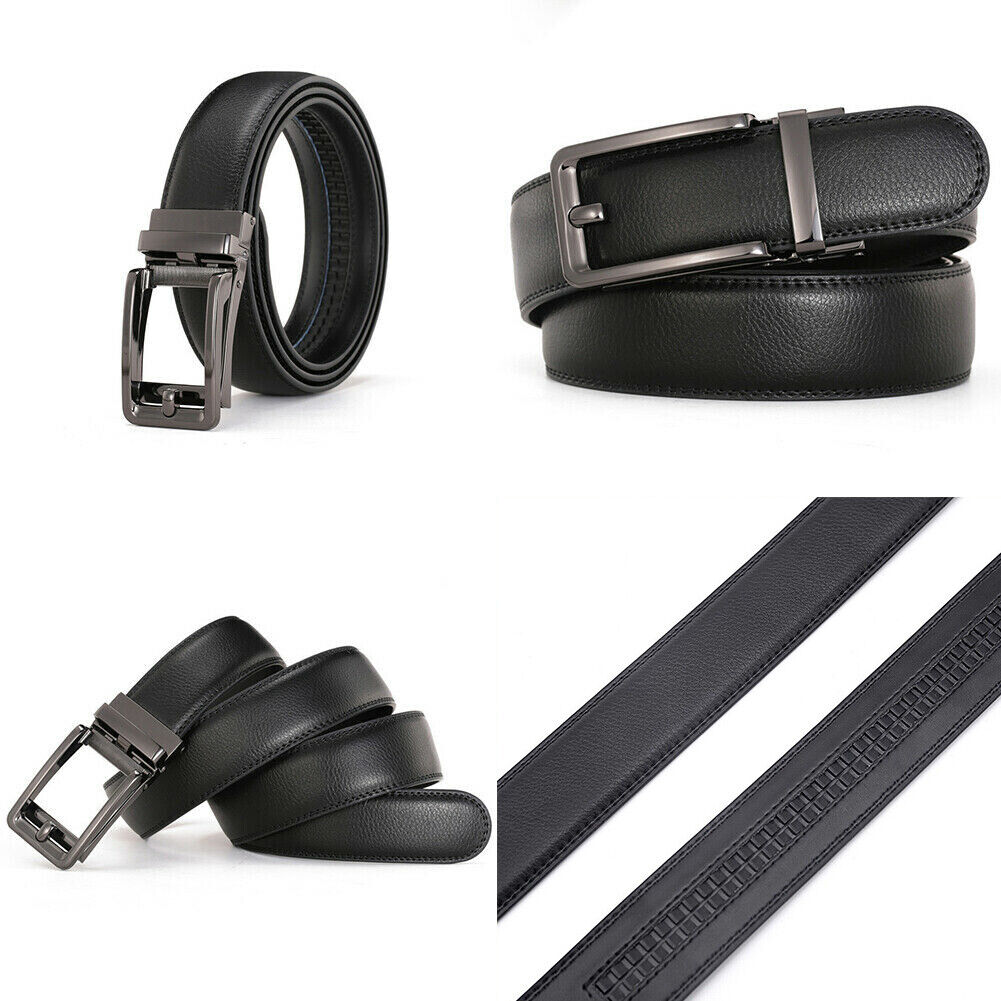 US Men Ratchet Belt Genuine Leather Belt w/ Slide Ratchet Automatic Click Buckle