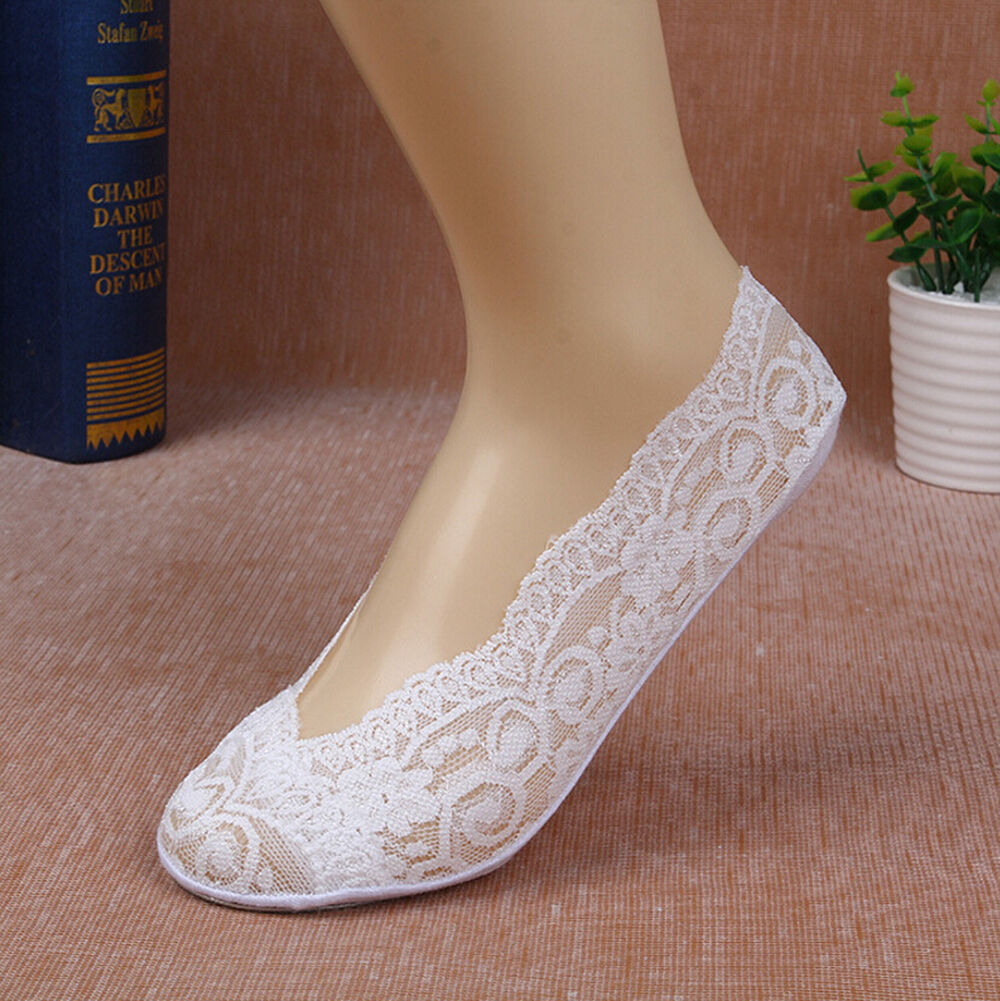 5 Pack Low Cut Lace Liner Boat Socks Ballet Plain Footies w/ Anti-slippery pads