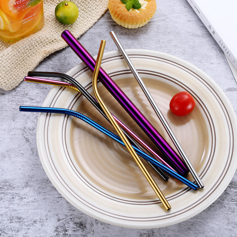 US 8pcs 10.5" Stainless Steel Ultra Long Metal Cocktail Straw + 2 Cleaner Brush