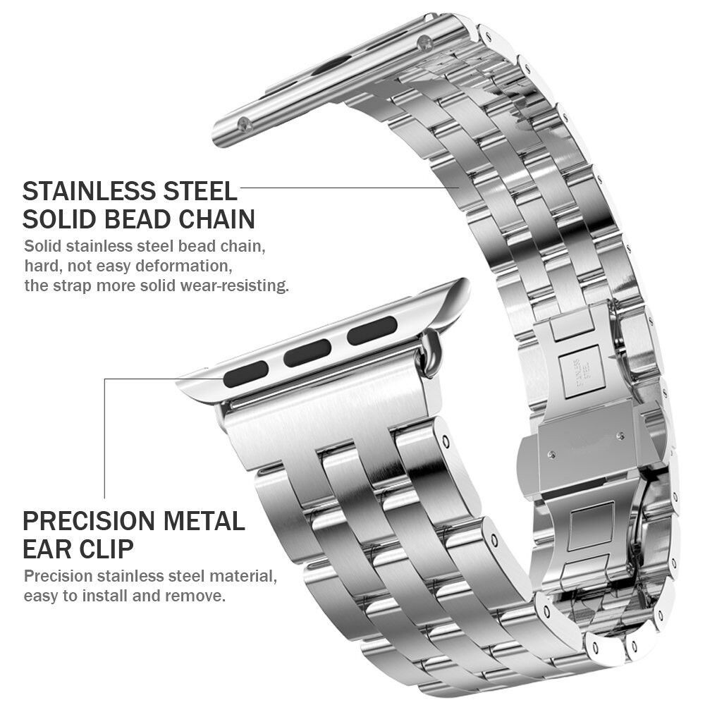 Apple Watch Band, Stainless Steel w/ Double Button Folding Clasp, 42mm