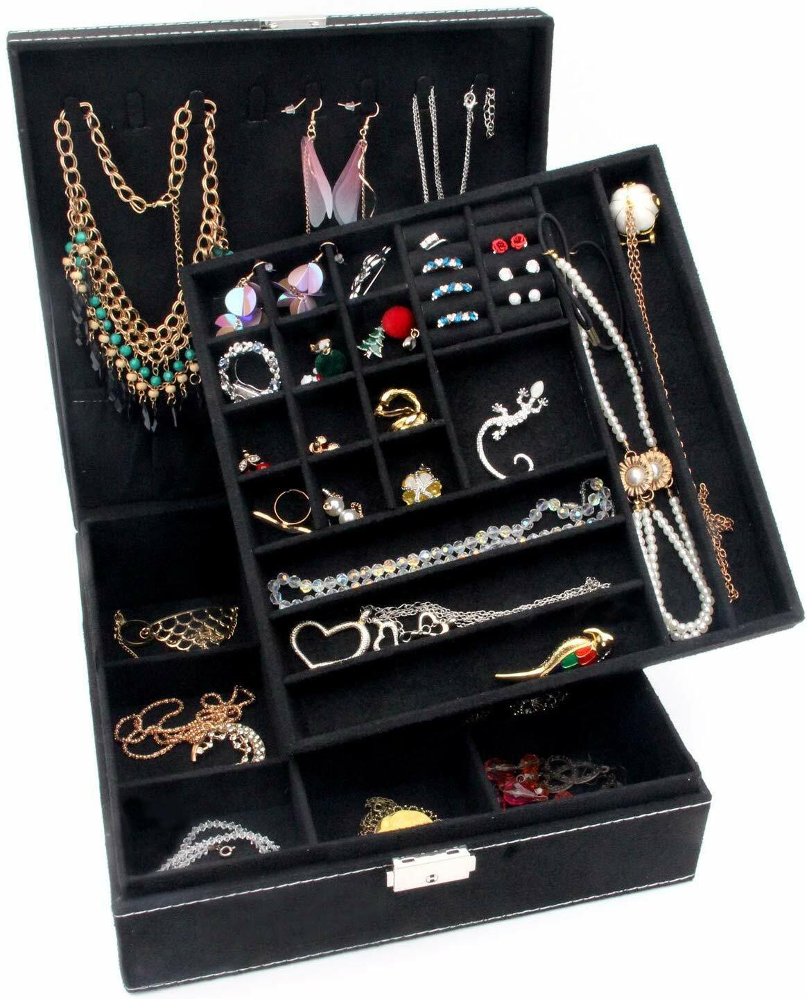 US Two-Layer Lint Large Jewelry Box Organizer Display Storage case with Lock
