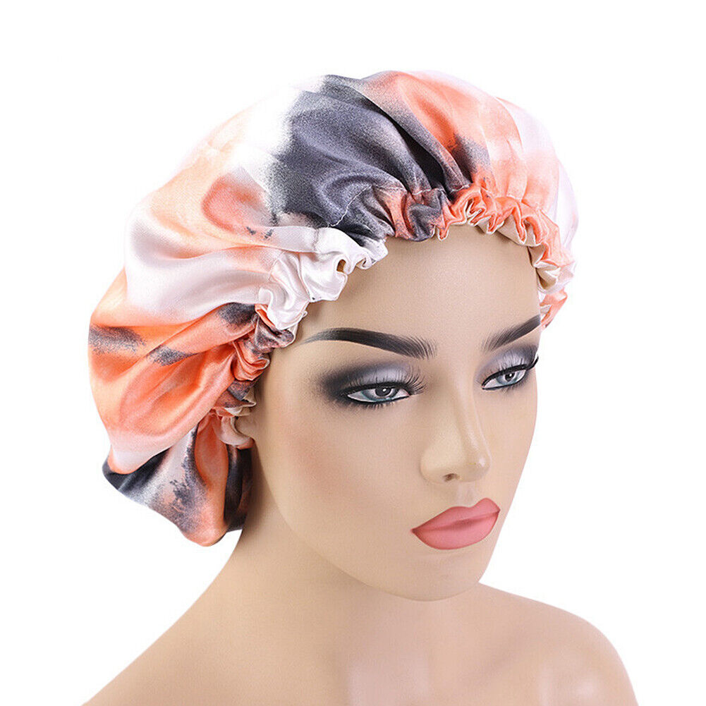 US Double-sided Satin Night Sleep Cap Hair Bonnet Hat Head Cover w/ Elastic Band