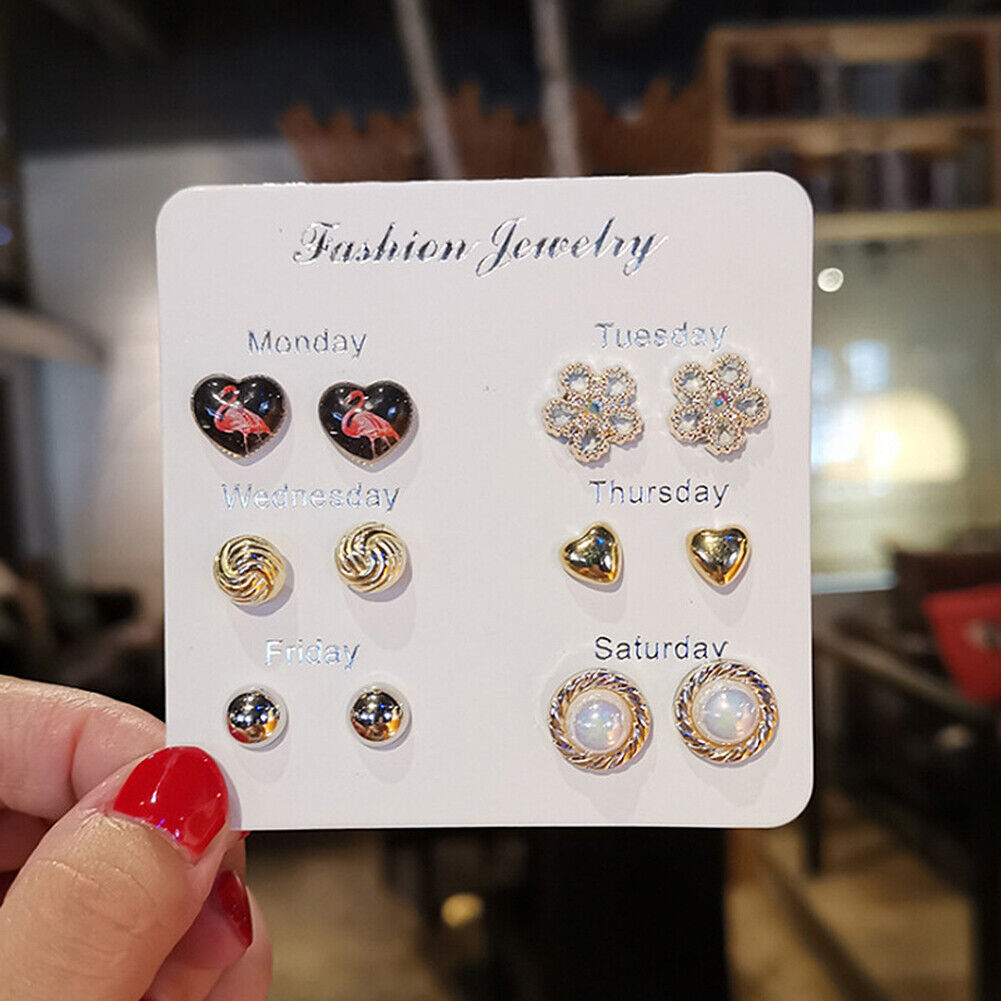 US 6~7 Pairs/Set Korean Style Week Earrings Set Crystal Rhinestone Ear Stud Gift