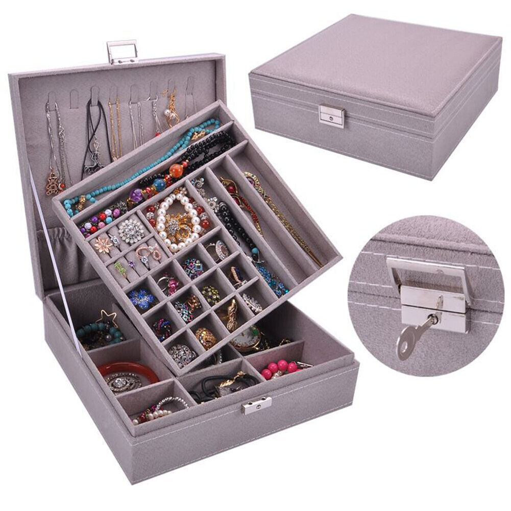 US Two-Layer Lint Large Jewelry Box Organizer Display Storage case with Lock