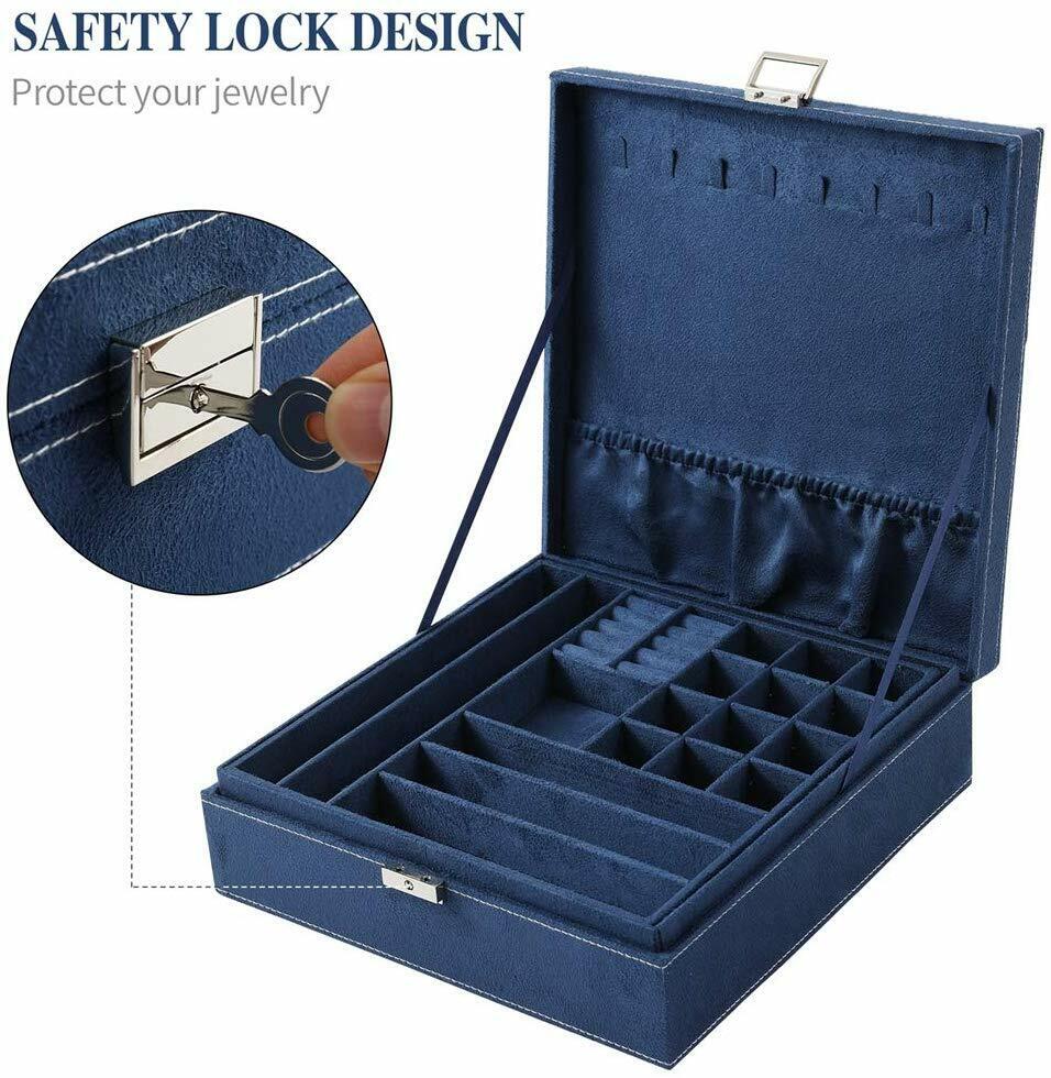 US Two-Layer Lint Large Jewelry Box Organizer Display Storage case with Lock