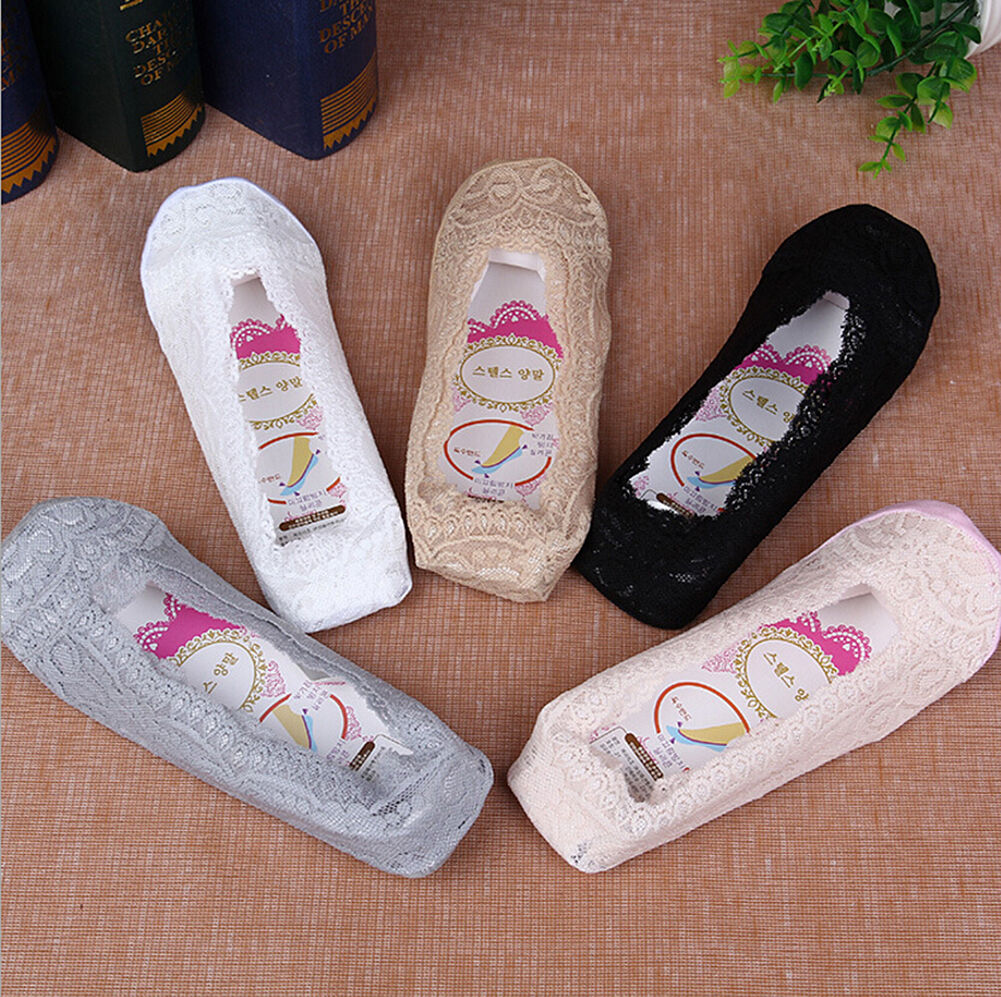 5 Pack Low Cut Lace Liner Boat Socks Ballet Plain Footies w/ Anti-slippery pads