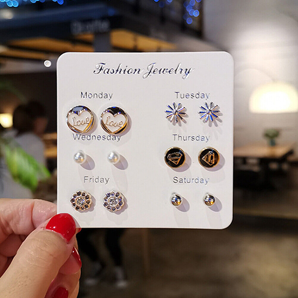 US 6~7 Pairs/Set Korean Style Week Earrings Set Crystal Rhinestone Ear Stud Gift