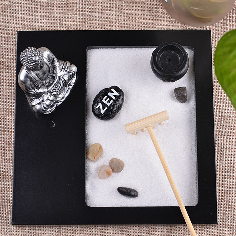 US Tabletop Mini Meditation Zen Garden w/ Pavilion statue Rock Venues Rake Sand