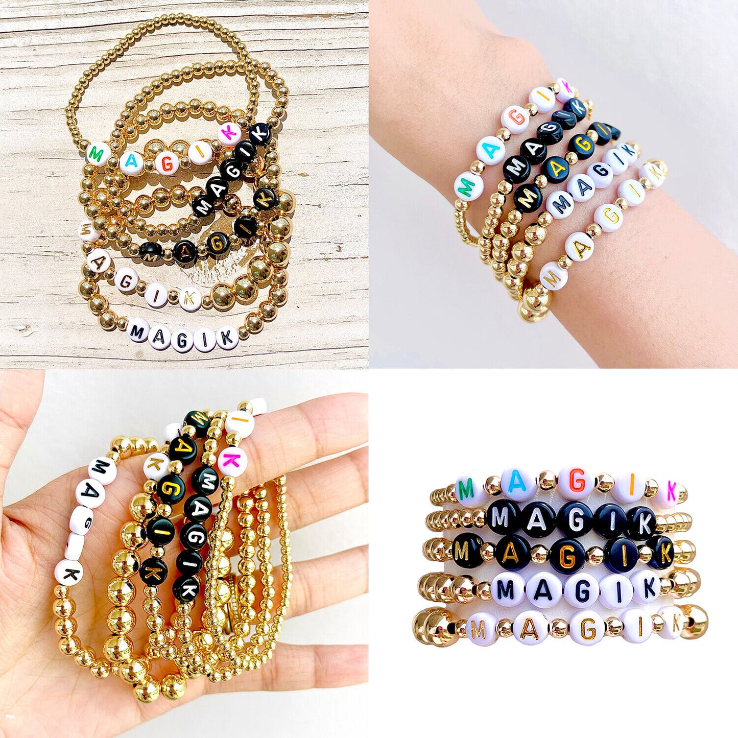 US Personalized 14k Gold Plated Name Stretch Bracelet Custom Mama Bracelet Gift