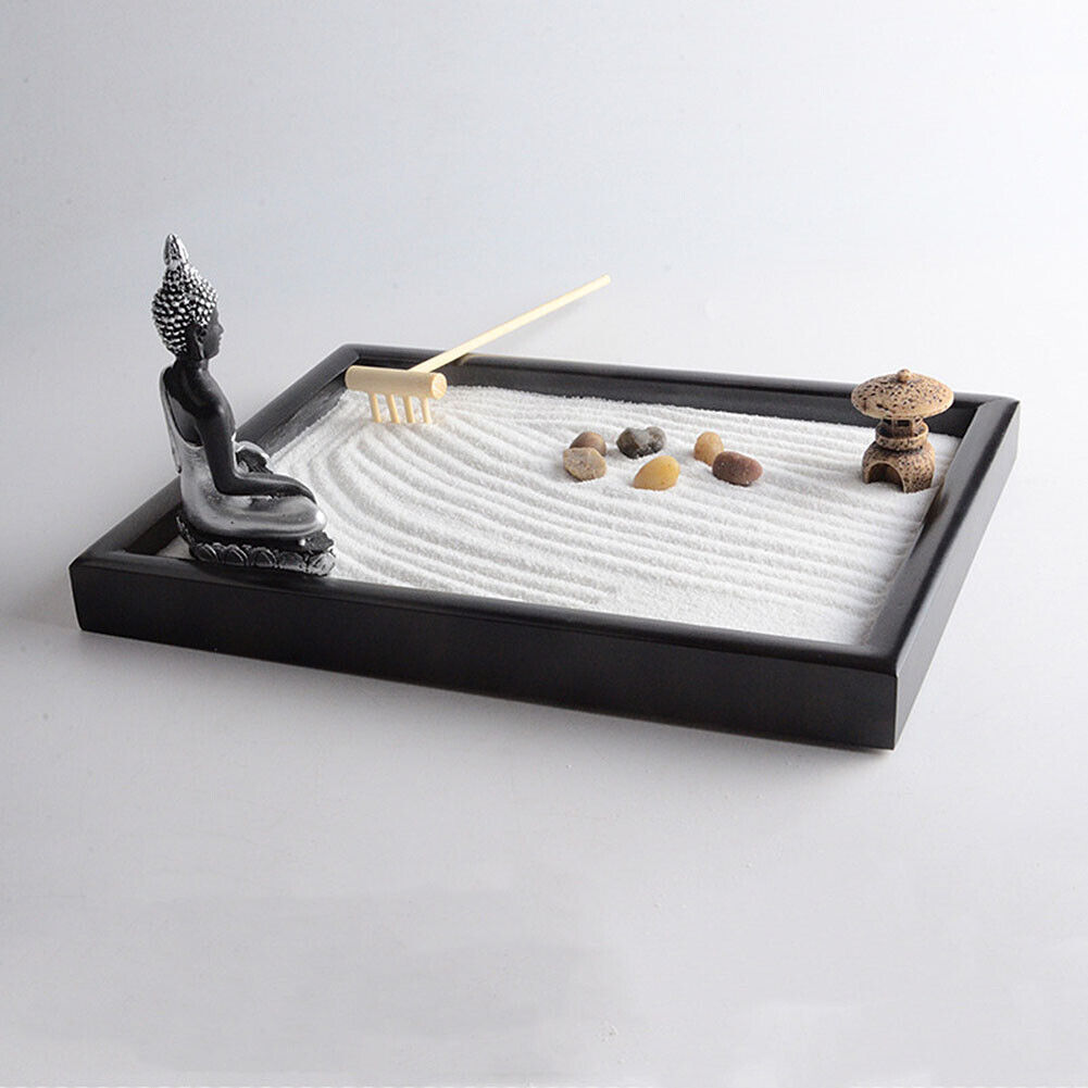 US Tabletop Mini Meditation Zen Garden w/ Pavilion statue Rock Venues Rake Sand