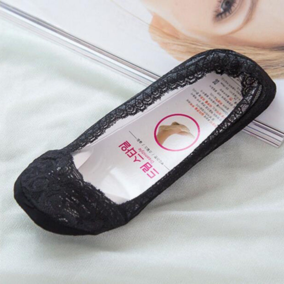 5 Pack Low Cut Lace Liner Boat Socks Ballet Plain Footies w/ Anti-slippery pads