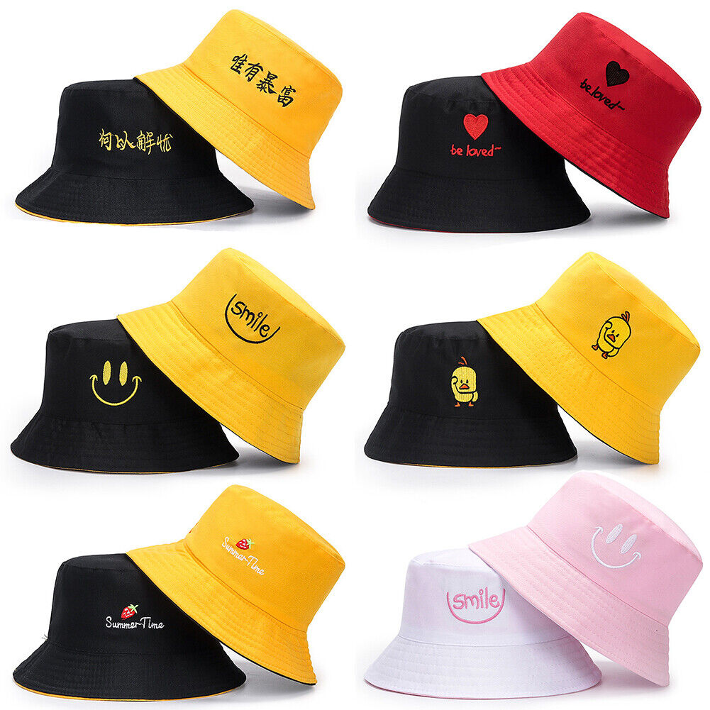 US Double-sided Bucket Hat Fisherman's Cap Men Women Embroidery Pattern Cotton