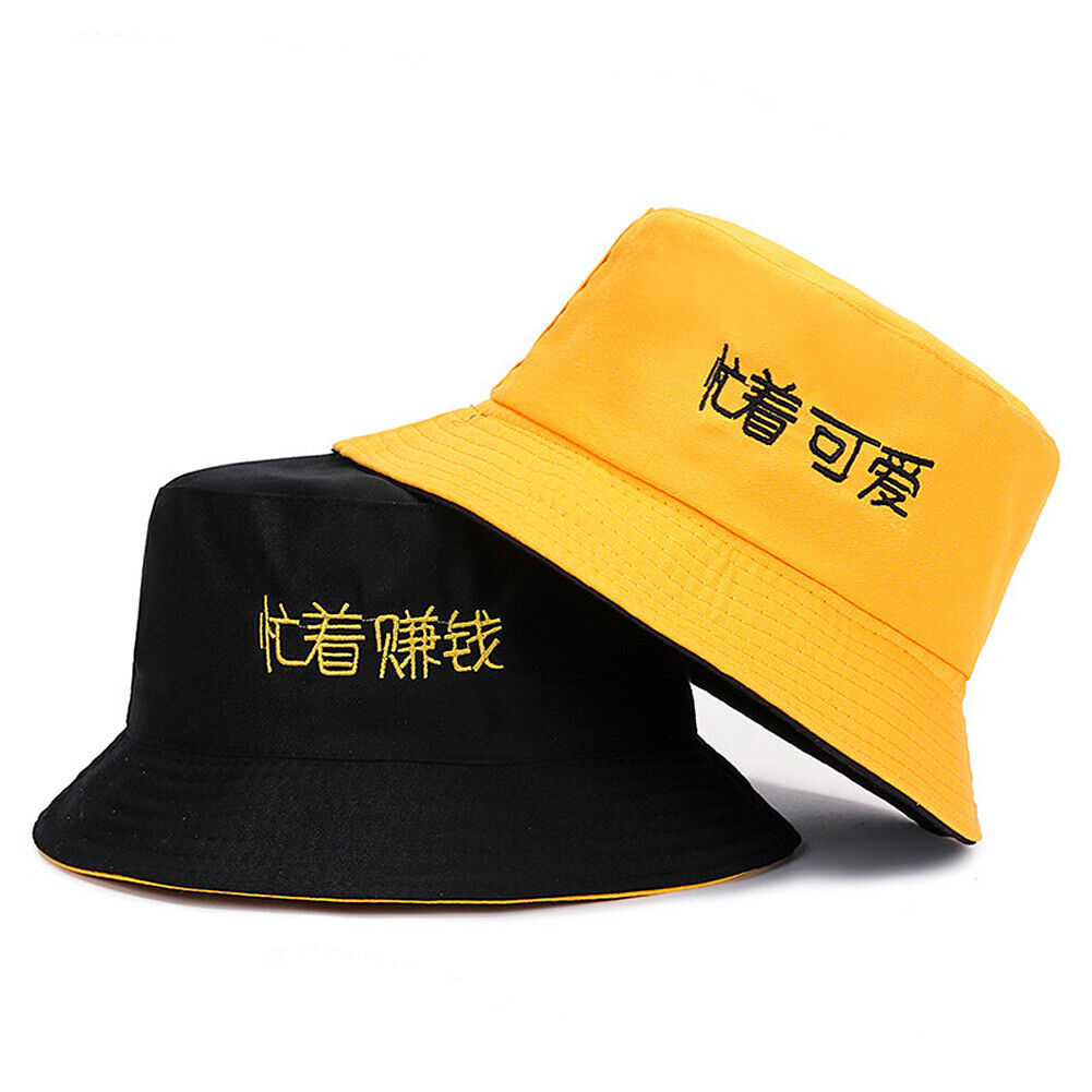 US Double-sided Bucket Hat Fisherman's Cap Men Women Embroidery Pattern Cotton