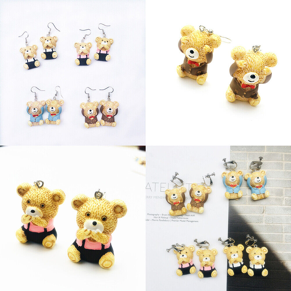 US Cute Bear in Suit Emotional Face Expression Earrings Miniature Jewelry Gifts