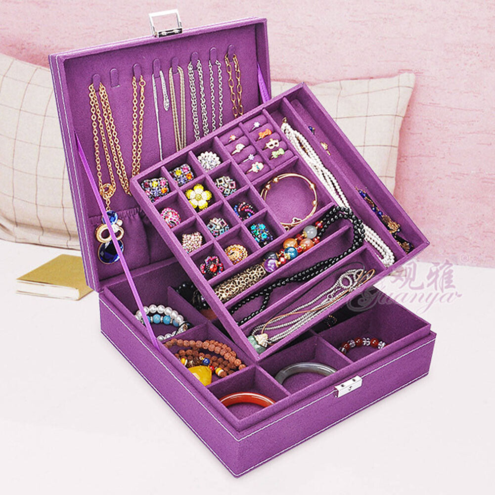 US Two-Layer Lint Large Jewelry Box Organizer Display Storage case with Lock