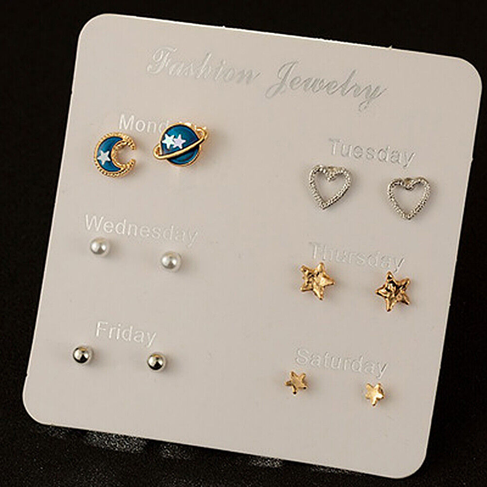 US 6~7 Pairs/Set Korean Style Week Earrings Set Crystal Rhinestone Ear Stud Gift