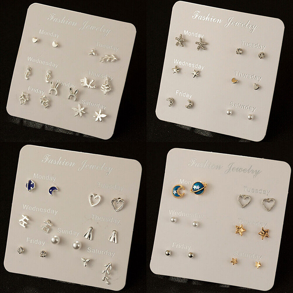 US 6~7 Pairs/Set Korean Style Week Earrings Set Crystal Rhinestone Ear Stud Gift