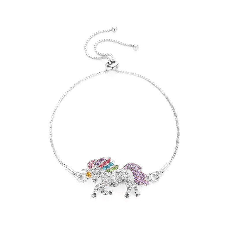Unicorn Jewelry Set Rainbow Rhinestone Crystal Necklace, Bracelet, Earring,Ring