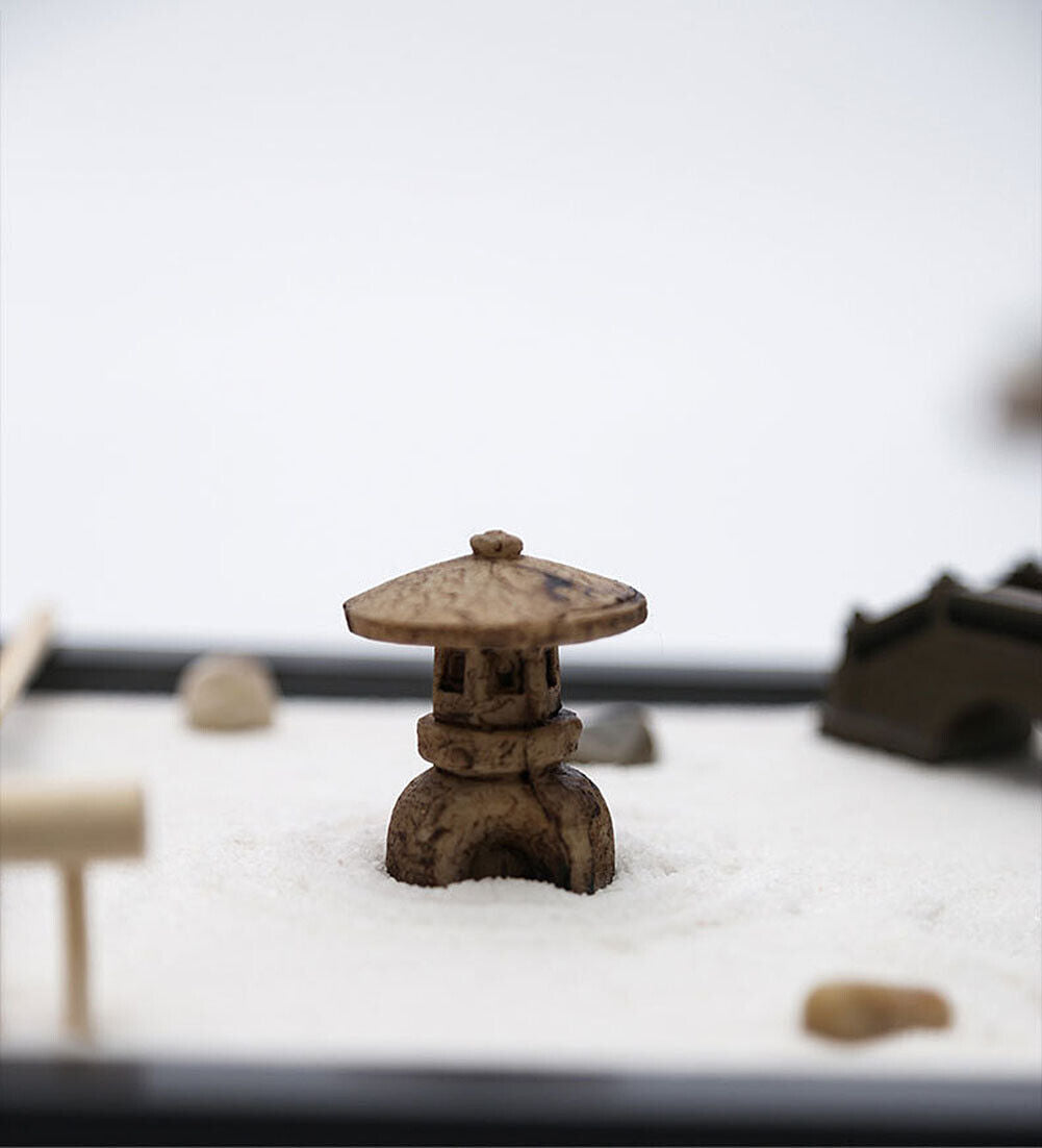 US Tabletop Mini Meditation Zen Garden w/ Pavilion statue Rock Venues Rake Sand