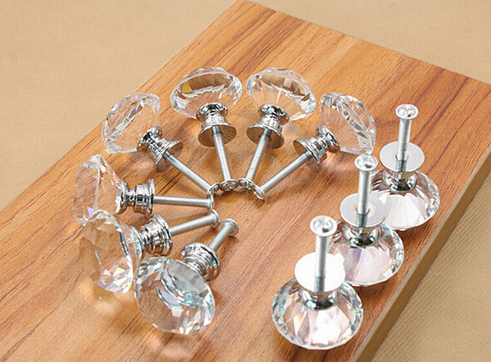 10Pcs Crystal Glass Cabinet Knob Diamond Shape 30mm Drawer Cupboard Handle Pull