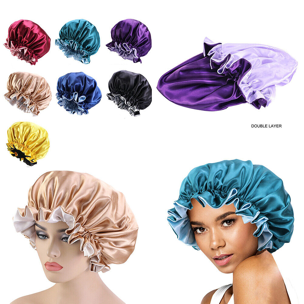 US Double-sided Satin Night Sleep Cap Hair Bonnet Hat Head Cover w/ Elastic Band