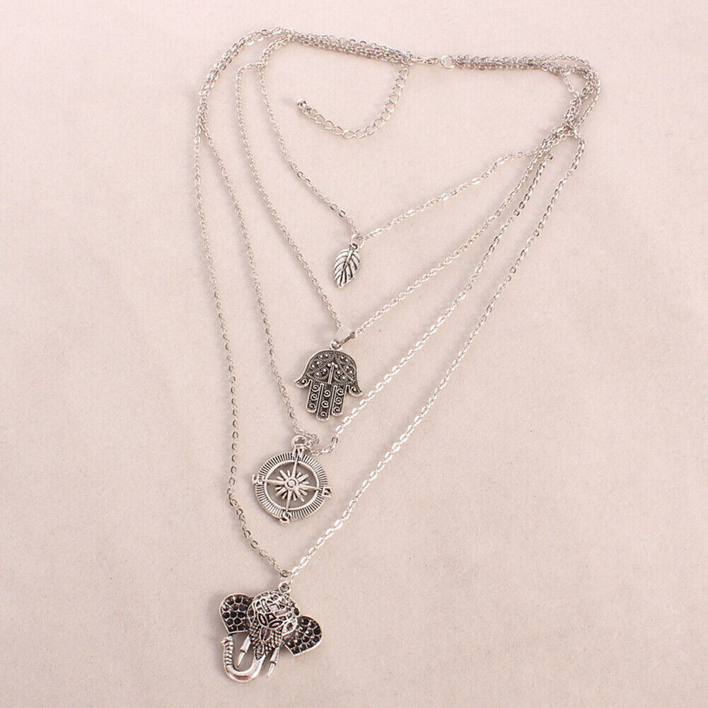 US Boho Women Multi-layer Long Chain Pendant Crystal Choker Necklace Jewelry