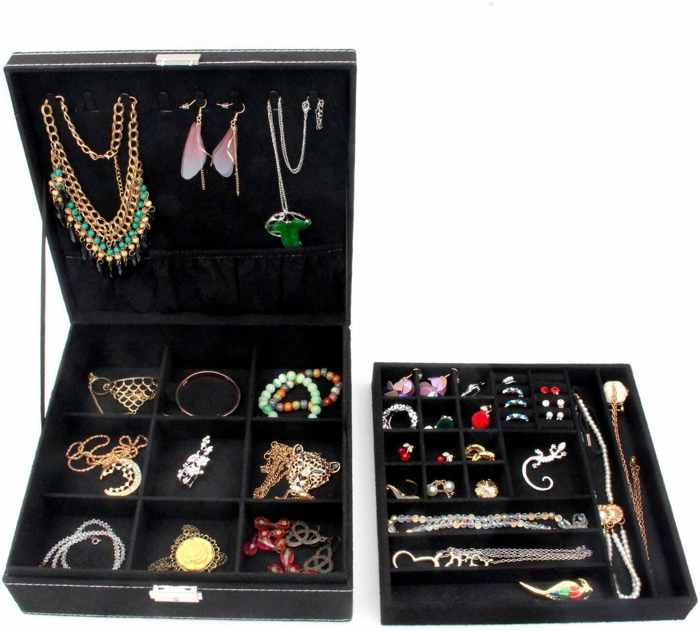 US Two-Layer Lint Large Jewelry Box Organizer Display Storage case with Lock