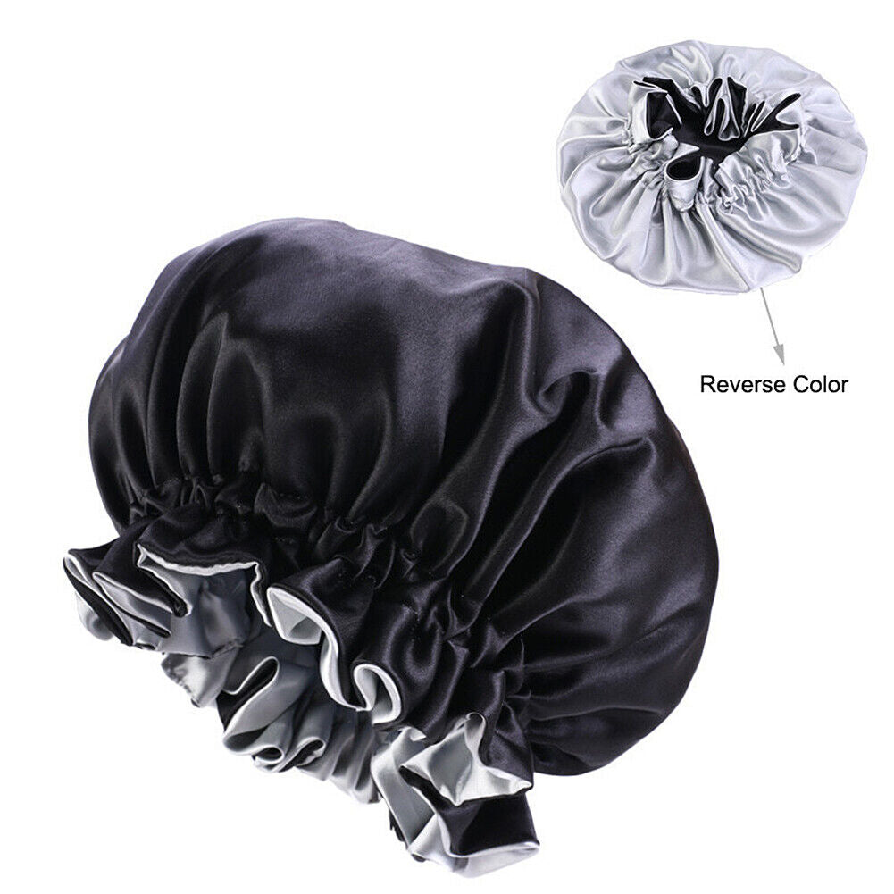 US Double-sided Satin Night Sleep Cap Hair Bonnet Hat Head Cover w/ Elastic Band