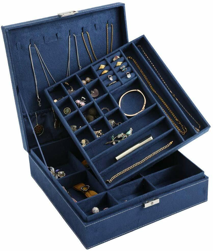 US Two-Layer Lint Large Jewelry Box Organizer Display Storage case with Lock
