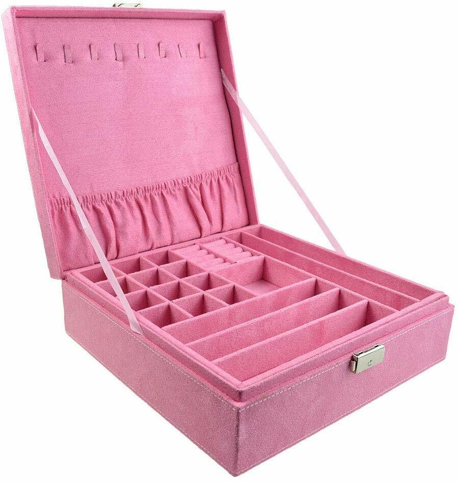 US Two-Layer Lint Large Jewelry Box Organizer Display Storage case with Lock