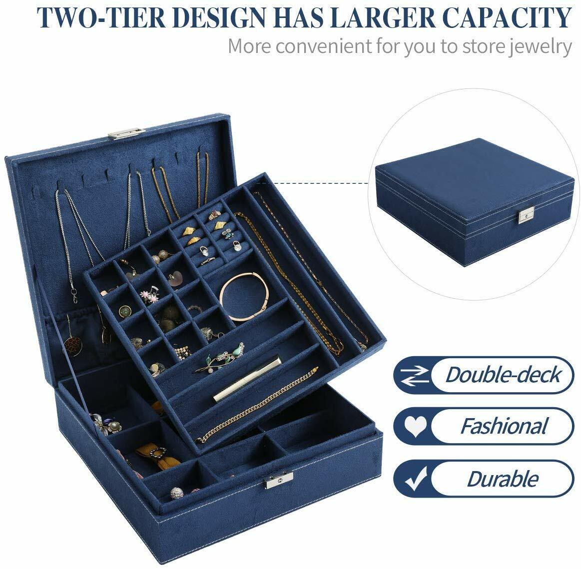 US Two-Layer Lint Large Jewelry Box Organizer Display Storage case with Lock