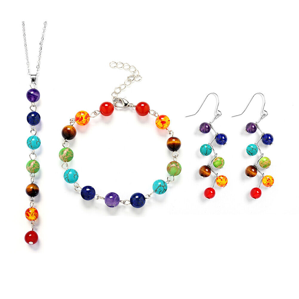 US 3 Pcs Yoga Healing 7-Chakra Stone Beads Energy Necklace+Bracelet+Earrings Set