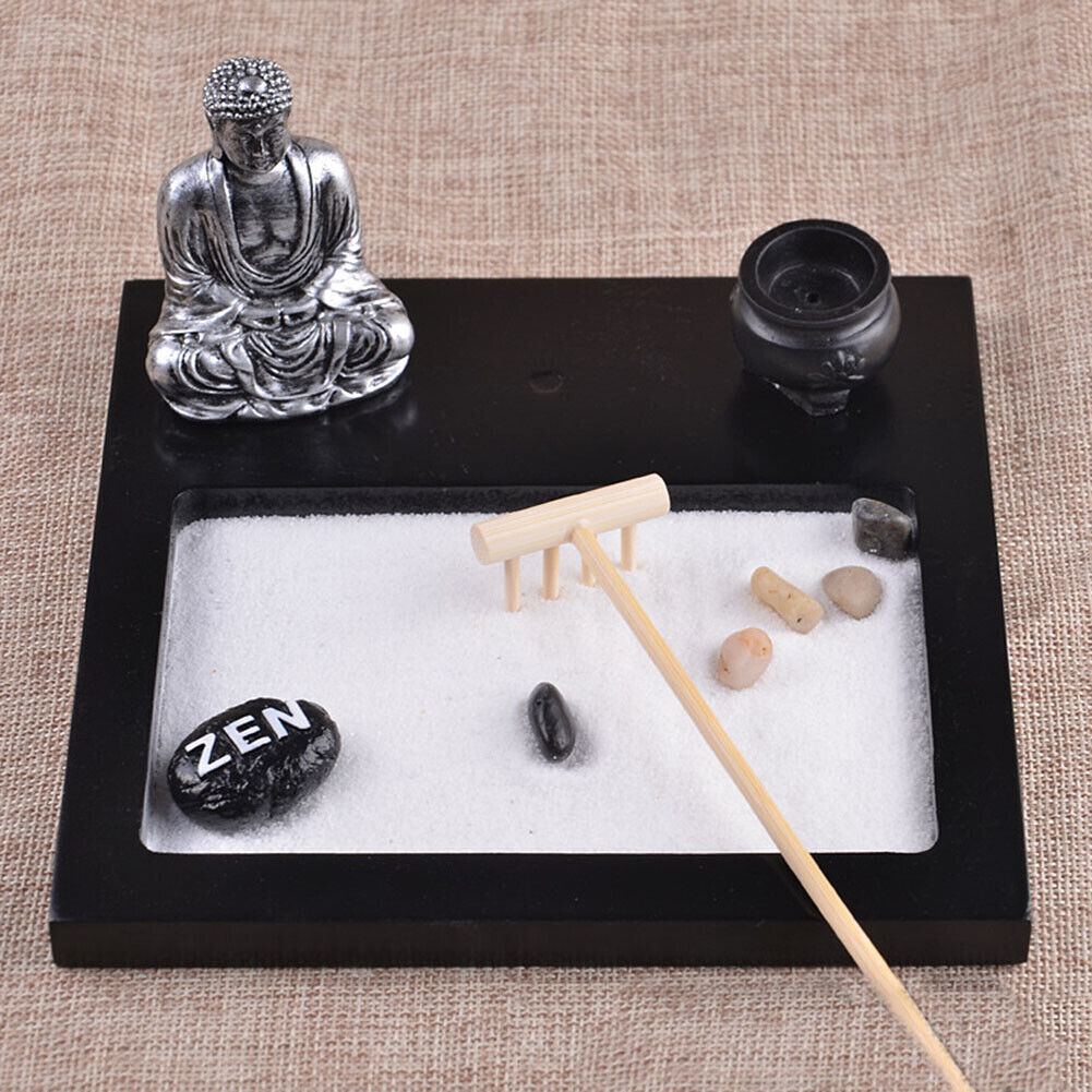 US Tabletop Mini Meditation Zen Garden w/ Pavilion statue Rock Venues Rake Sand