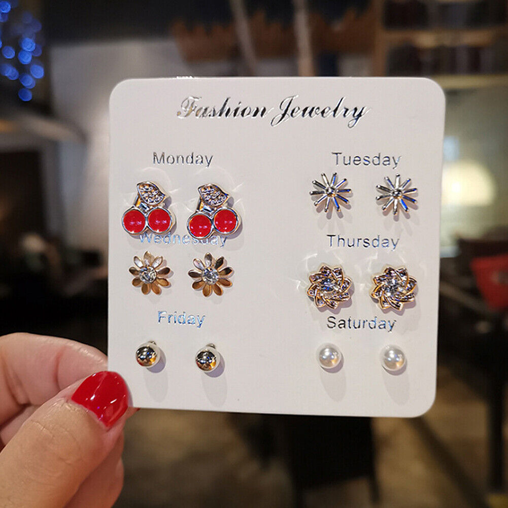 US 6~7 Pairs/Set Korean Style Week Earrings Set Crystal Rhinestone Ear Stud Gift