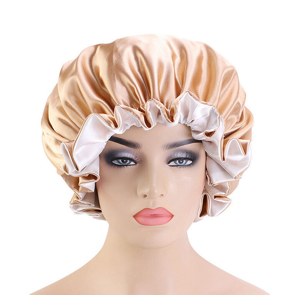 US Double-sided Satin Night Sleep Cap Hair Bonnet Hat Head Cover w/ Elastic Band