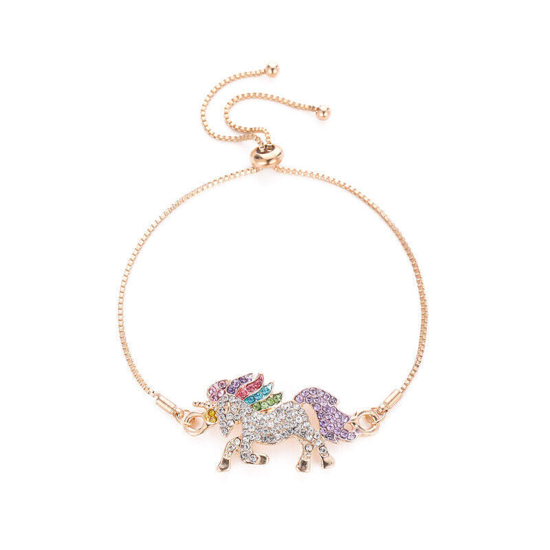 US Unicorn Jewelry Rainbow Rhinestone Crystal Necklace/ Bracelet/ Earring/ Ring