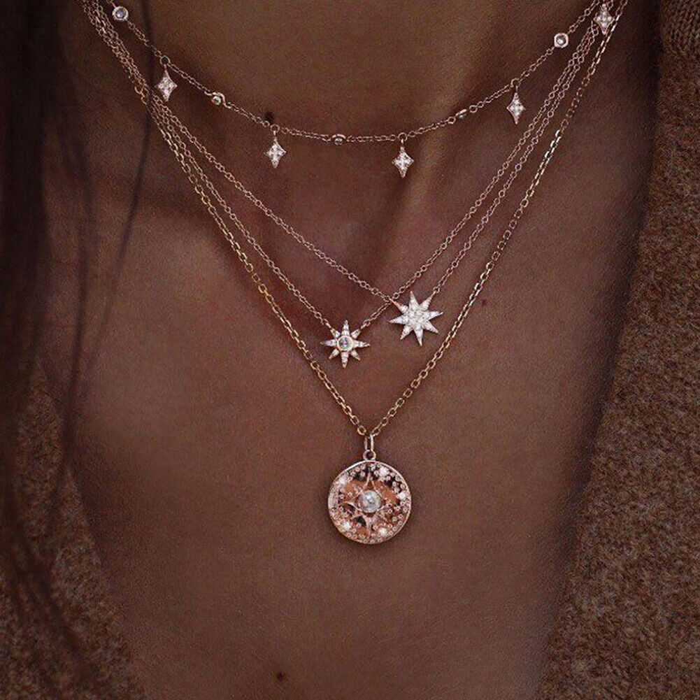 US Boho Women Multi-layer Long Chain Pendant Crystal Choker Necklace Jewelry
