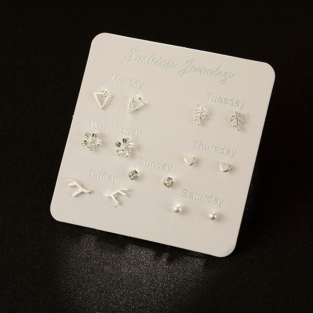 US 6~7 Pairs/Set Korean Style Week Earrings Set Crystal Rhinestone Ear Stud Gift