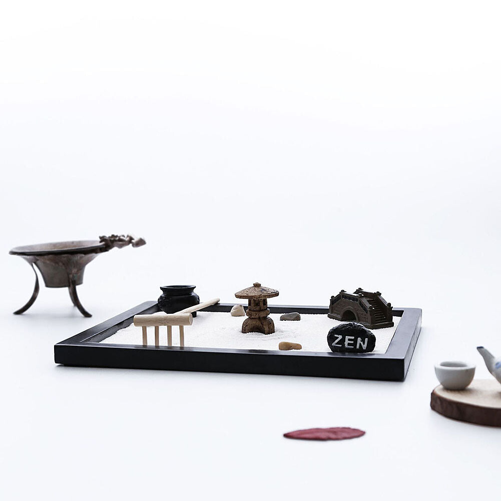 US Tabletop Mini Meditation Zen Garden w/ Pavilion statue Rock Venues Rake Sand