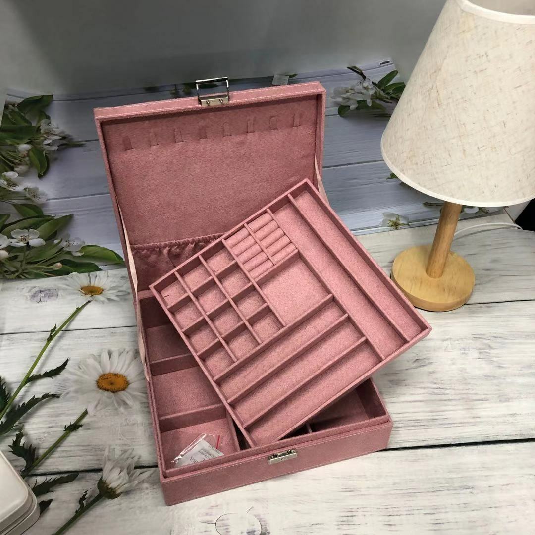 US Two-Layer Lint Large Jewelry Box Organizer Display Storage case with Lock