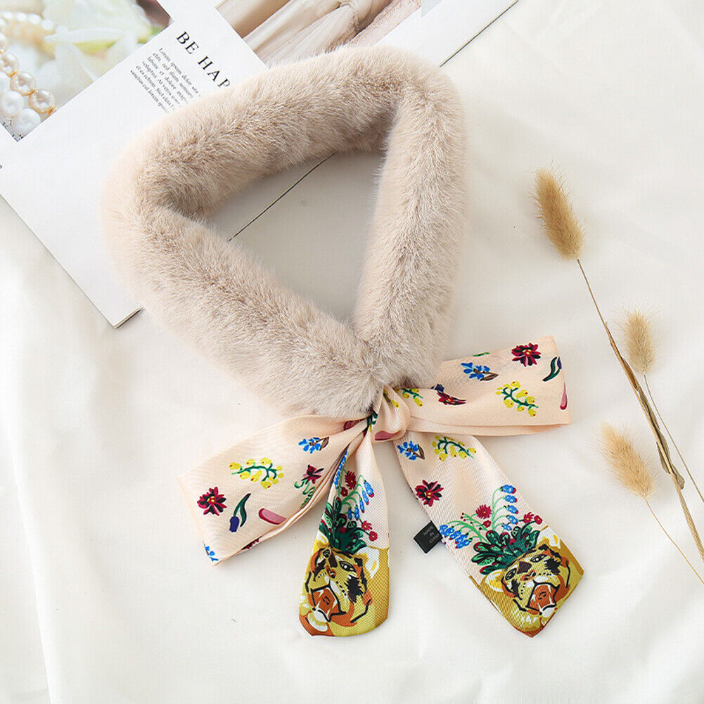 US Women Winter Faux Rabbit Fur Collar Leopard Print Ribbon Tied Bow Scarf Warm