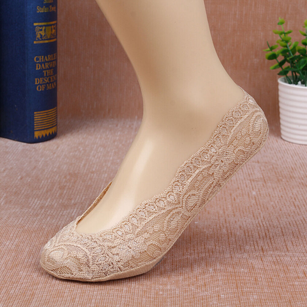 5 Pack Low Cut Lace Liner Boat Socks Ballet Plain Footies w/ Anti-slippery pads