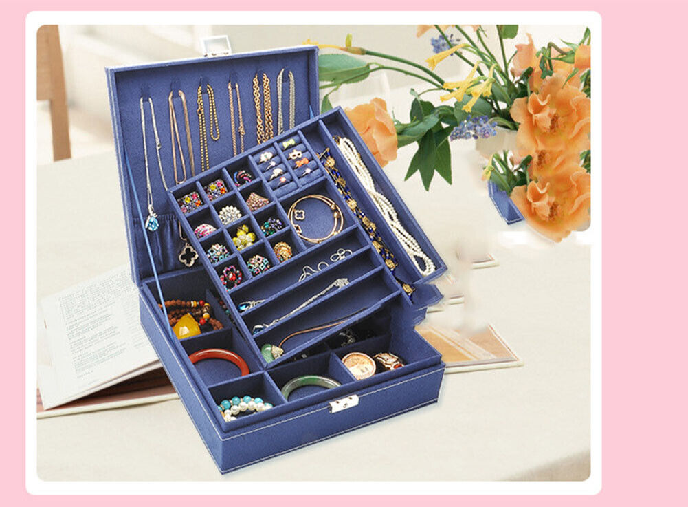 US Two-Layer Lint Large Jewelry Box Organizer Display Storage case with Lock