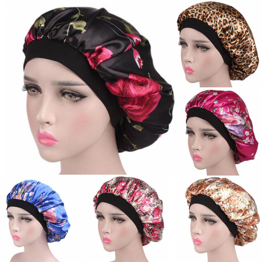 US Women Satin Night Sleep Cap Hair Bonnet Hat Silk Head Cover Wide Elastic Band